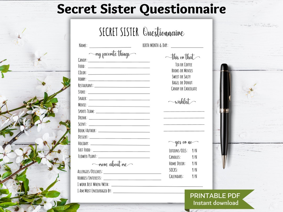 Secret Sister Questionnaire Printable, All About Me Survey, Church Gift ...