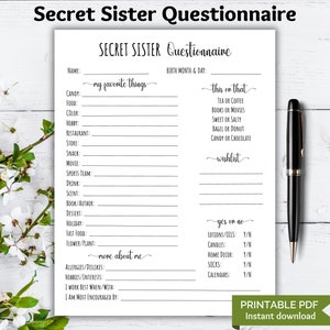 Secret Sister Questionnaire Printable, All About Me Survey, Church Gift Exchange, Women&#39;s Ministry, Work Office Church Staff Appreciation