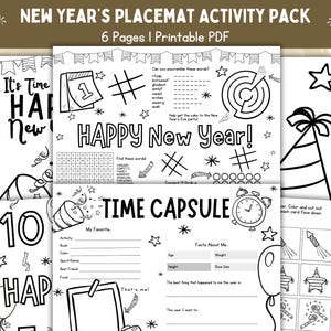 Printable New Year&#39;s Activity Placemat, New Year&#39;s Coloring Pages, Kids Activity Sheet, New Year&#39;s Eve Time Capsule, Party Games, Art, Craft