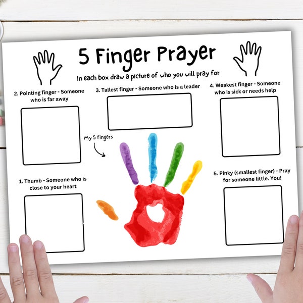 5 Finger Prayer Handprint Art Craft, Five Finger Prayer Printable Template, Kids Preschool Daycare Classroom Sunday School Activity