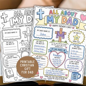 Puede incluir: Dos páginas para colorear imprimibles del Día del Padre con el texto "All About My Dad". Una está coloreada y la otra está en blanco. La página rellena incluye información sobre el nombre, la edad y las cosas favoritas del padre.