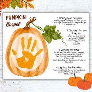 Pumpkin Gospel Handprint Art, Pumpkin Gospel Printable, Fall Craft, Thanksgiving Halloween Sunday School Activity, Christian Kids Lesson