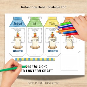 May include: Printable PDF craft featuring four lantern panels with the words "Jesus is the Light." Each panel has a candle illustration and the Bible verse John 8:12. The image includes colored pencils and the text "Instant Download - Printable PDF."