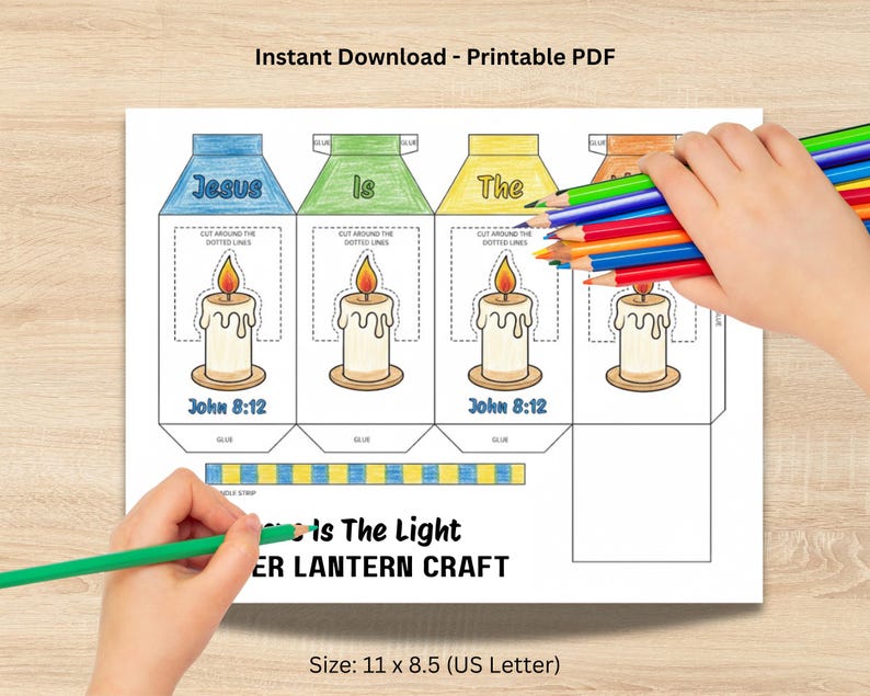 May include: Printable PDF craft featuring four lantern panels with the words "Jesus is the Light." Each panel has a candle illustration and the Bible verse John 8:12. The image includes colored pencils and the text "Instant Download - Printable PDF."