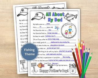 All About My Dad Printable Father's Day Fishing Gift For Dad Personalized DIY Gift From Kids Activity Coloring Page Dad Questionnaire
