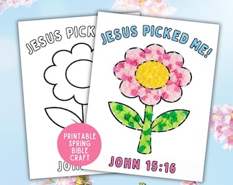 Manualidad de papel rasgado de primavera imprimible, manualidad bíblica de primavera, actividad de flores para preescolar, lección bíblica de la escuela dominical "Jesús me eligió", arte de rasgado de verano