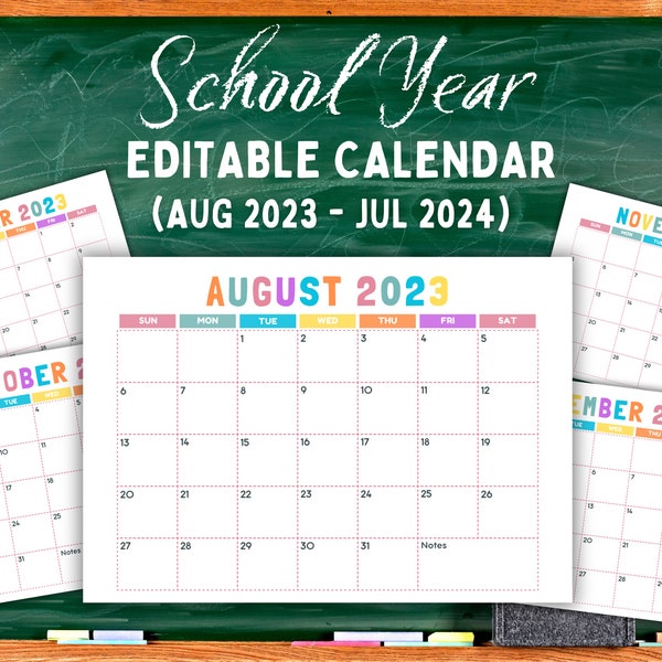 2023-2024 School Year Calendar Printable, Editable Kids Calendar, 12 Month, School Schedule, School Calendar Template, Homeschool