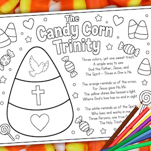 May include: A black and white coloring page titled The Candy Corn Trinity featuring a large candy corn shape with a dove, cross, and heart, surrounded by candy illustrations and a religious poem, with colored pencils resting on the bottom right.