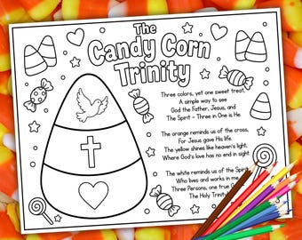 Candy Corn Trinity Coloring Page Poem Printable, Christian Halloween Fall Sunday School Activity, Kids Bible Lesson (Digital PDF)