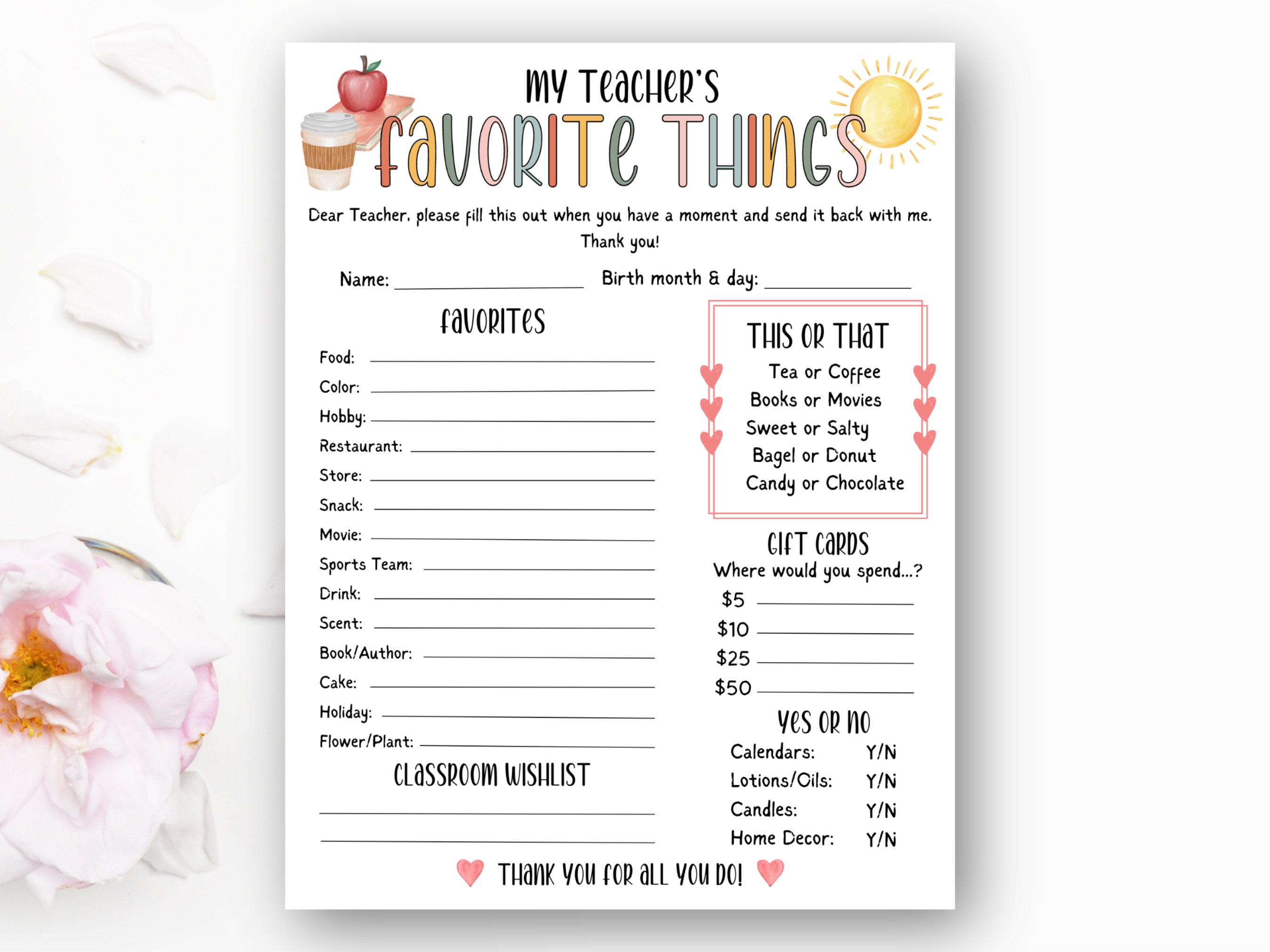Teacher Favorite Things Questionnaire, Printable Teacher Survey ...