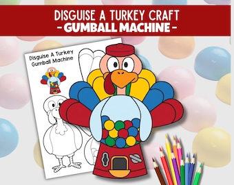 Disguise a Turkey Gumball Machine Craft, Thanksgiving Printable, Turkey Disguise Activity, Cut & Paste Craft For Kids