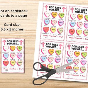 May include: A sheet of paper with four Valentine's Day cards, each featuring a cross and heart-shaped candies with positive affirmations. The cards are 3.5 x 5 inches. Text includes "God Says You Are..." and "Happy Valentine's Day!"