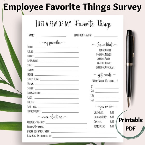 Employee Favorite Things Survey, Coworker Questions Printable, All About Me Questionnaire, Employee Favorites List, Staff Appreciation