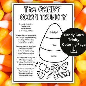 Candy Corn Trinity Printable Coloring Page, Candy Corn Trinity Poem Craft, Halloween Fall Sunday School Activity, Kids Bible Lesson