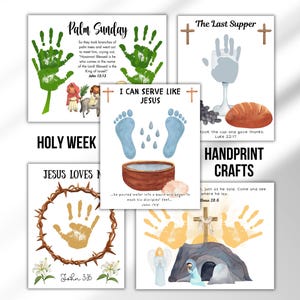 May include: A set of watercolour handprint art prints with religious themes. The prints include text such as "Palm Sunday", "The Last Supper", and "I Can Serve Like Jesus". The prints feature handprints, crosses, and other religious imagery.