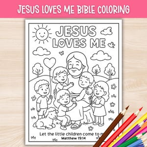 Jesus Loves Me Coloring Page Printable, Matthew 19:14 Bible Activity Craft, Sunday School Activity, Kids Bible Lesson, VBS Activity
