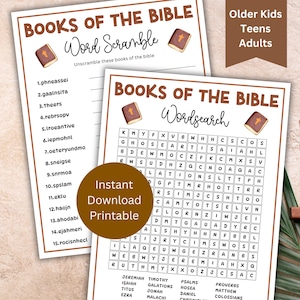 Könnte beinhalten: Zwei druckbare Bibel-Spielblätter in Braun und Weiß. Das erste Blatt ist ein Wort-Suchspiel mit dem Titel "Bücher der Bibel Wort-Suchspiel". Das zweite Blatt ist ein Wortsuchspiel mit dem Titel "Bücher der Bibel Wortsuchspiel".