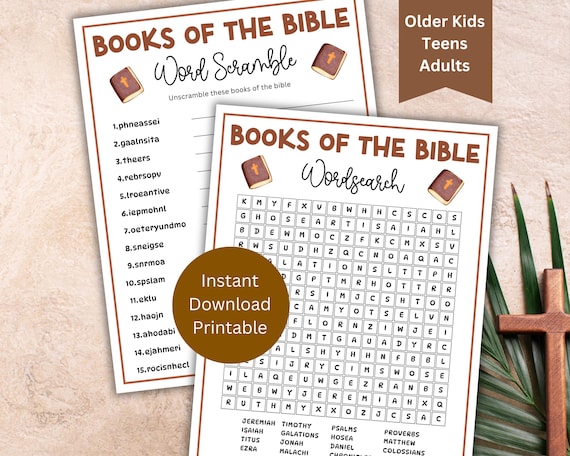 Books Of The Bible Word Search & Word Scramble Puzzle, Printable Bible Games, Bible Activity For Kids, Teens, Youth Group, Women's Ministry