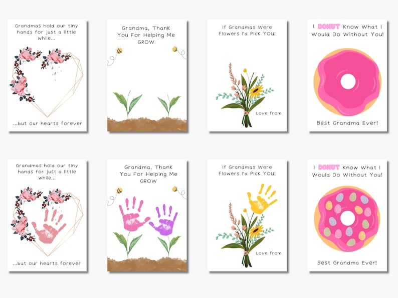 May include: Six printable cards with different designs for grandparents. The cards feature handprints, flowers, and a doughnut with the text "I donut know what I would do without you!" and "Best Grandma Ever!"