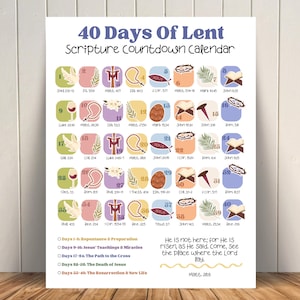 Può includere: Un calendario decorativo del conto alla rovescia delle Scritture dei 40 giorni di Quaresima. Il calendario presenta illustrazioni colorate e riferimenti alle Scritture per ogni giorno, con il testo "40 Days Of Lent Scripture Countdown Calendar" in alto.