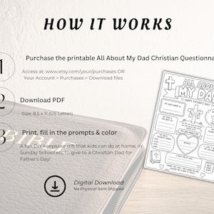 May include: A printable "All About My Dad" questionnaire with instructions. The steps include purchasing, downloading the PDF, and printing to fill in prompts and colour. The size is 21.6 x 27.9 cm. The image also includes a Bible and the words "How It Works."