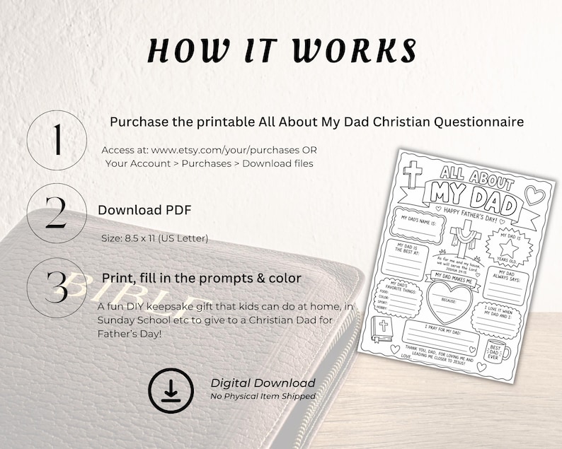 May include: A printable "All About My Dad" questionnaire with instructions. The steps include purchasing, downloading the PDF, and printing to fill in prompts and colour. The size is 21.6 x 27.9 cm. The image also includes a Bible and the words "How It Works."