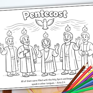 Può includere: Disegno a tratto in bianco e nero di una scena religiosa intitolata "Pentecoste". L'immagine raffigura cinque figure con fiamme sopra le loro teste, una colomba e il testo di Atti 2:4. Matite colorate in primo piano.