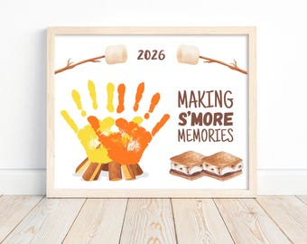 Manualidad de fogata (2026), arte imprimible de huellas de manos para acampar, creando recuerdos con S'More, actividad de campamento de recuerdo para niños pequeños en edad preescolar.