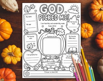 God Picked Me Fall Christian Activity Sheet, Bible Pumpkin Coloring Page Printable, Psalm 139:14, All About Me Worksheet, Sunday School PDF