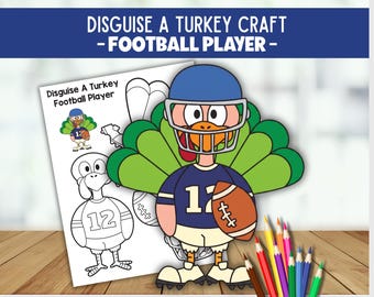 Disguise a Turkey Football Player Craft, Thanksgiving Printable Activity, Turkey Day Cut & Paste Craft, Football Coloring Page for Kids