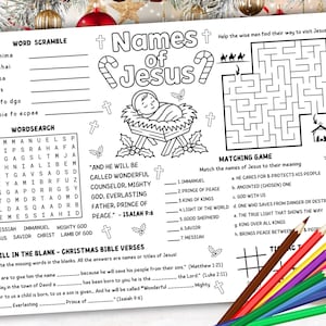Könnte beinhalten: Schwarz-weißes Weihnachts-Aktivitätsblatt mit dem Titel "Namen Jesu". Enthält Worträtsel, Wortsuchrätsel, ein Labyrinth und ein Zuordnungsspiel. Enthält eine Zeichnung von Jesuskind und farbige Bleistifte.