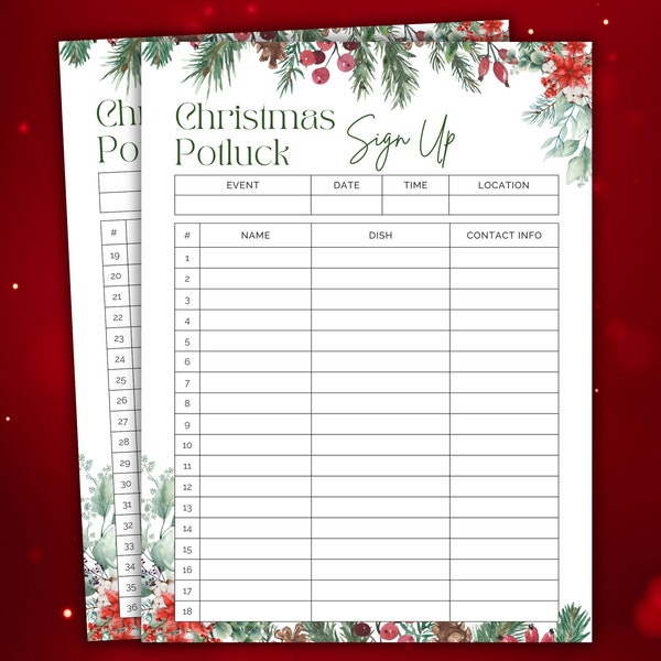 Christmas Potluck Sign Up Sheet, Printable Potluck List, Potluck Template, Xmas Food List, Potluck Party, Who's Bringing What To Christmas