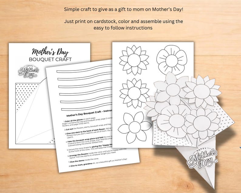 Mothers Day Flower Craft for Kids, Paper Flower Bouquet Craft Printable ...