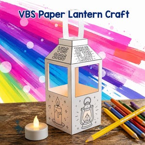 May include: A white paper lantern craft featuring black line art of a candle and a lantern, with the text VBS 2026 and JESUS IS THE LIGHT. The lantern has a white handle, a small battery-operated tea light, and a set of colored pencils nearby.