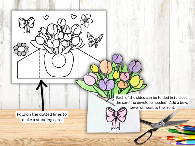Printable Mother's Day Coloring Card, Homemade Card For Mom Grandma, Kids Home Classroom Activity, Flowers Card Mother's Day Craft image 3
