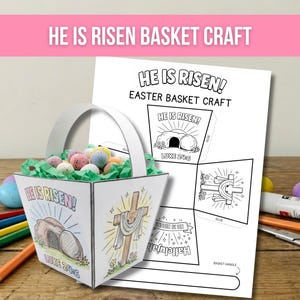 以下が含まれることがあります： 「He is Risen!」の文字と十字架と墓のイラストが描かれた白い紙製のイースターバスケットクラフト。バスケットにはカラフルな卵と緑色の紙の草が入っています。「Easter Basket Craft」の文字も表示されています。