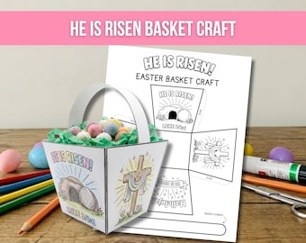 復活されたイエスの子供用イースターバスケットクラフト、イースター聖書クラフト、イースター聖書の一節塗り絵アクティビティ、日曜学校のレッスン聖書ルカ24章6節