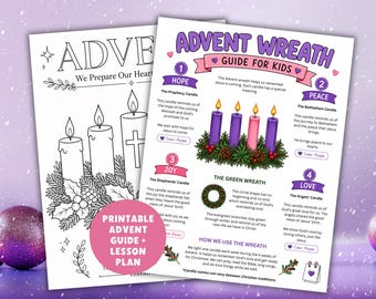 May include: A printable Advent wreath guide and lesson plan for kids featuring a colorful illustration of four candles in a wreath, with text explaining the meanings of hope, peace, joy, and love, alongside a black and white coloring page version.