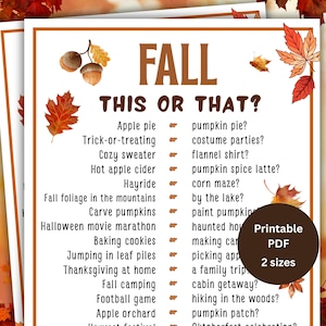 Fall This Or That Game, Printable Fall Games, Autumn Game For Kids Teens Adults, Homeschool Classroom Activity, Thanksgiving Family Game