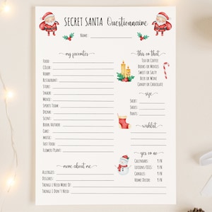 Cuestionario secreto de Santa, Intercambio de regalos secreto de Santa imprimible, Formulario secreto de Santa, compañeros de trabajo, familia, adultos, lista de deseos de regalos de Navidad
