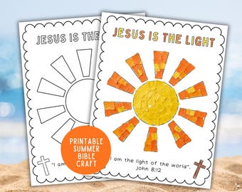 Summer Torn Paper Bible Craft Printable, VBS Craft, Preschool Sunshine Activity, Jesus Is The Light Sunday School Bible Lesson