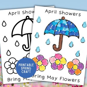 Manualidad de papel rasgado de primavera, Manualidad de papel de seda con las lluvias de abril y las flores de mayo, Actividad de primavera para niños pequeños en guarderías preescolares y jardines de infancia.