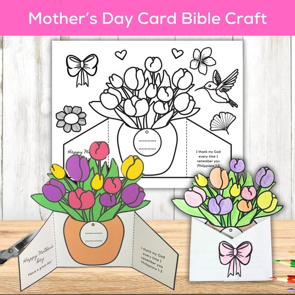 Printable Foldable Mother's Day Coloring Card, Bible Craft, Christian Sunday School Homeschool Activity, Bible Verse, Mom Keepsake Gift