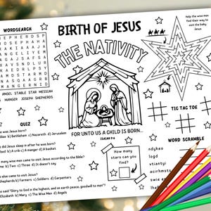 Nativity Activity Placemat Printable, Christmas Coloring Page For Kids, Christian Birth Of Jesus Craft Games, Sunday School Activity Sheet