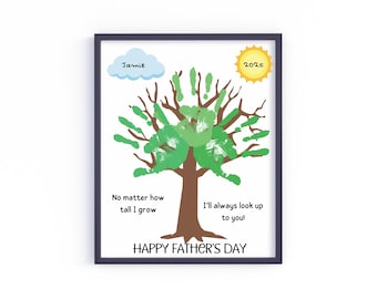 May include: A Father's Day craft with a handprint tree. The tree is brown with green handprints for leaves. The text reads "Jamie" and "2025" with the message "No matter how tall I grow, I'll always look up to you! Happy Father's Day."