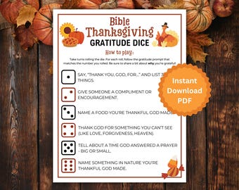 Bible Thanksgiving Gratitude Dice Game, Printable Thanksgiving Game Kids & Adults, Family Activity, Thanksgiving Icebreaker, Thankful Game