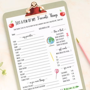 Teacher Favorite Things Printable, Favorites Questionnaire, Teacher Survey Template, Teacher Appreciation, Get To Know Me, All About Me