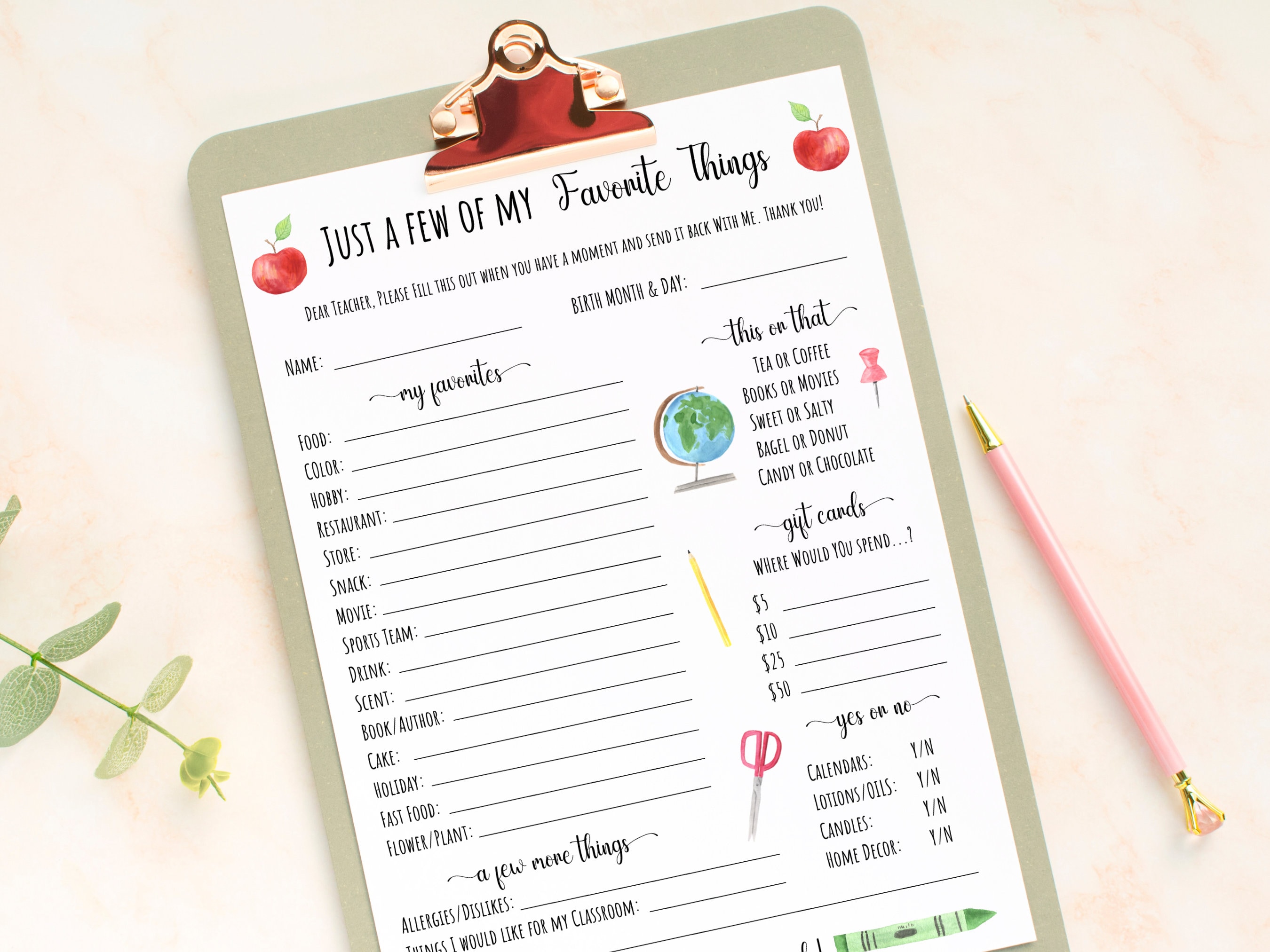 Teacher Favorite Things Printable, Favorites Questionnaire, Teacher Survey Template, Teacher Appreciation, Get To Know Me, All About Me