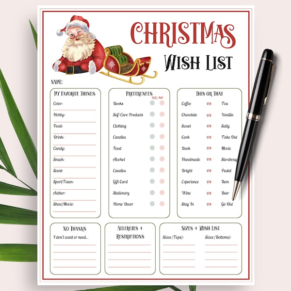 Weihnachtswunschliste für Erwachsene, Weihnachtswunschliste zum Ausdrucken, Geschenkliste, Feiertagswunschliste, Weihnachtswunschliste zum Ausdrucken