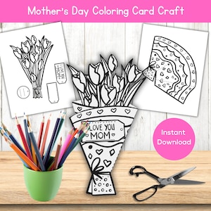 Biglietto da colorare stampabile per la Festa della mamma, Biglietto con bouquet fatto in casa per mamma nonna, Attività per bambini in classe a casa, Biglietto con fiori Artigianato per la Festa della mamma